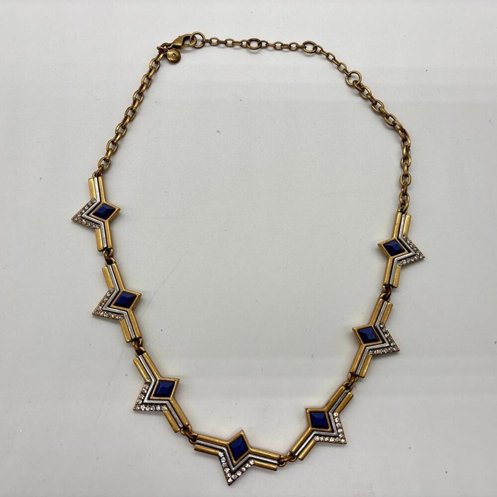 Vintage J Crew Art Deco Design Clear Blue Rhinestone Gothic Necklace